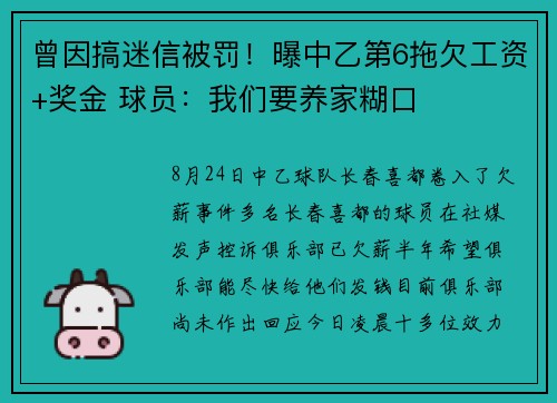 曾因搞迷信被罚！曝中乙第6拖欠工资+奖金 球员：我们要养家糊口